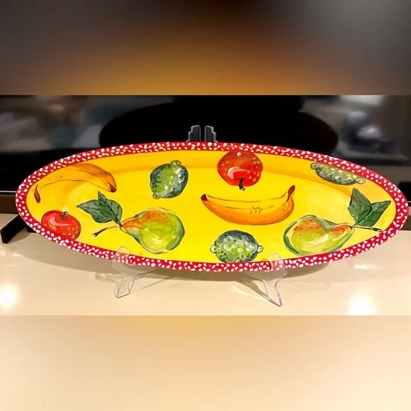 NEW DROLL DESIGNS Long Fruit Platter Tray Red Polka Dot Rim Handpainted signed
